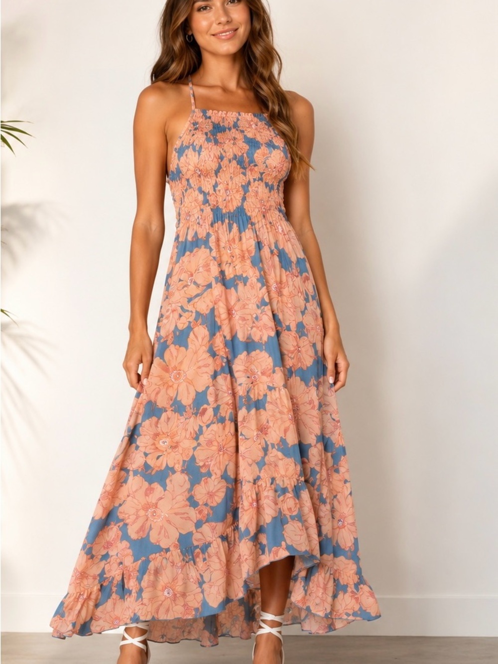 Free People Peach Floral High-Low Maxi Dress